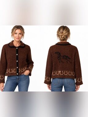 Tsunami Brown Horse Print Sweater Western Equestrian size L